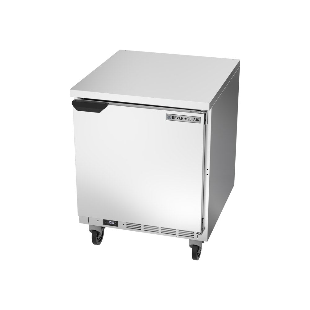 Beverage Air WTF27AHC-FLT 27" one solid door worktop freezer, side angle view, door closed