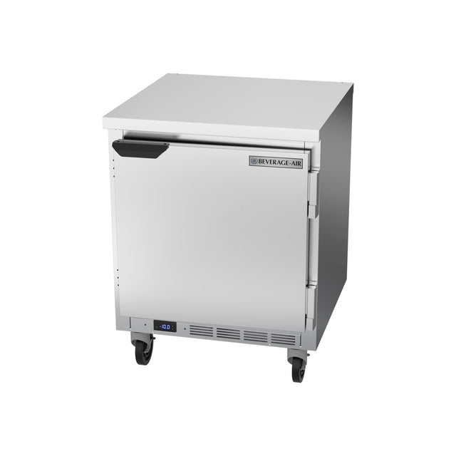 Beverage Air WTF27HC-FLT 27" one solid door worktop freezer, front angle view, door closed