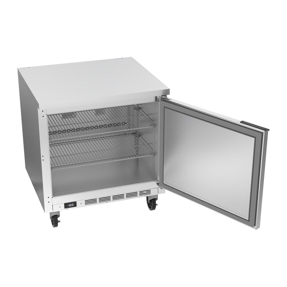 Beverage Air WTF32AHC-FLT 32" one solid door worktop freezer, with the door open showing the interior