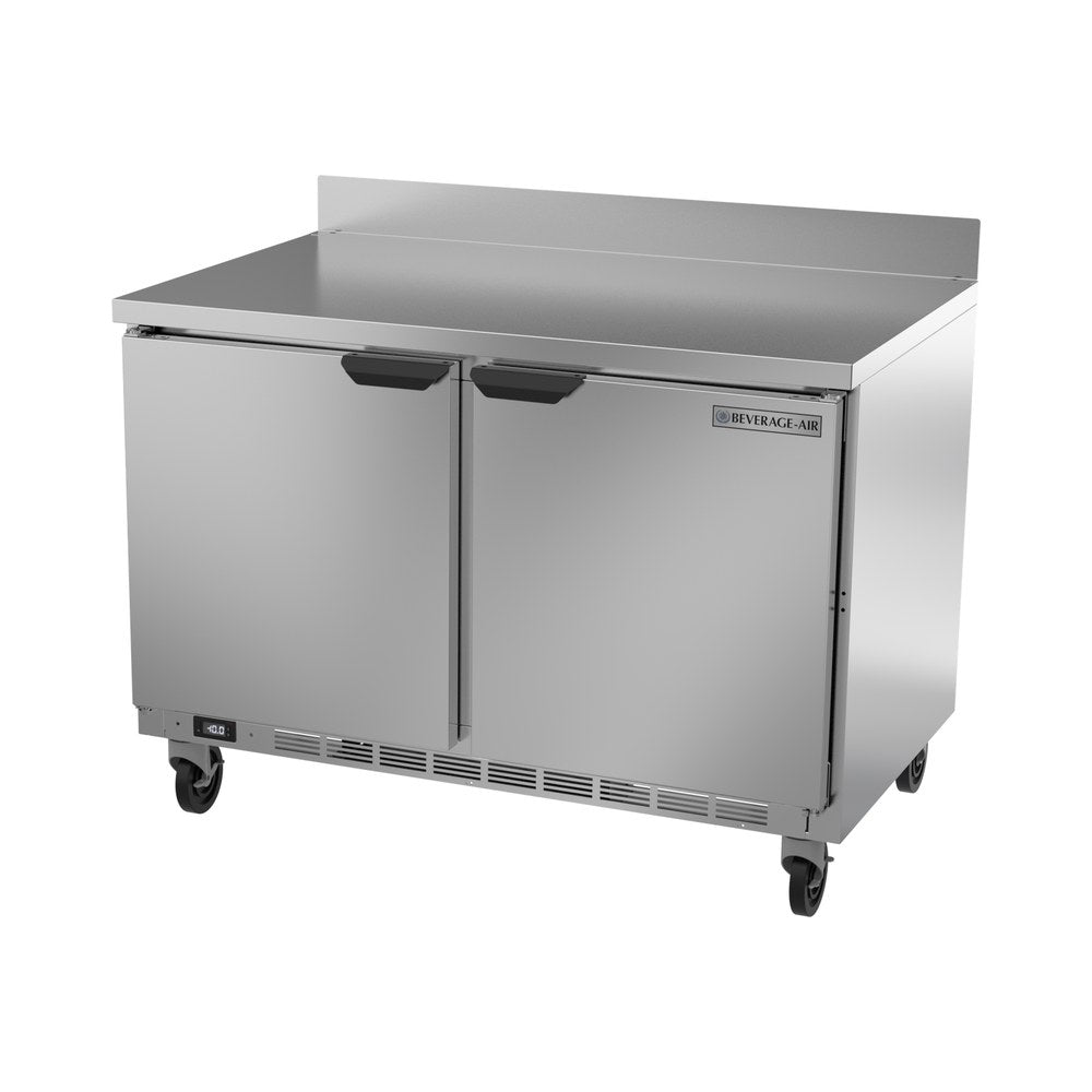 Beverage Air WTF48AHC 48" two solid doors worktop freezer, side angle view, doors closed