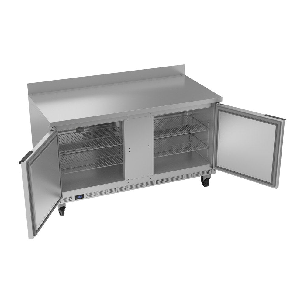 Beverage Air WTF60AHC 60" two solid doors worktop freezer, with the doors open showing the interior