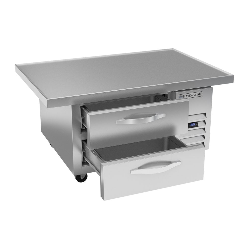 Beverage Air WTFCS36HC-48 48" two drawers chef base freezer, with the door open showing the interior