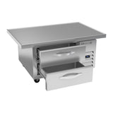 Beverage Air WTFCS36HC-48 48" two drawers chef base freezer, with the door open showing the interior