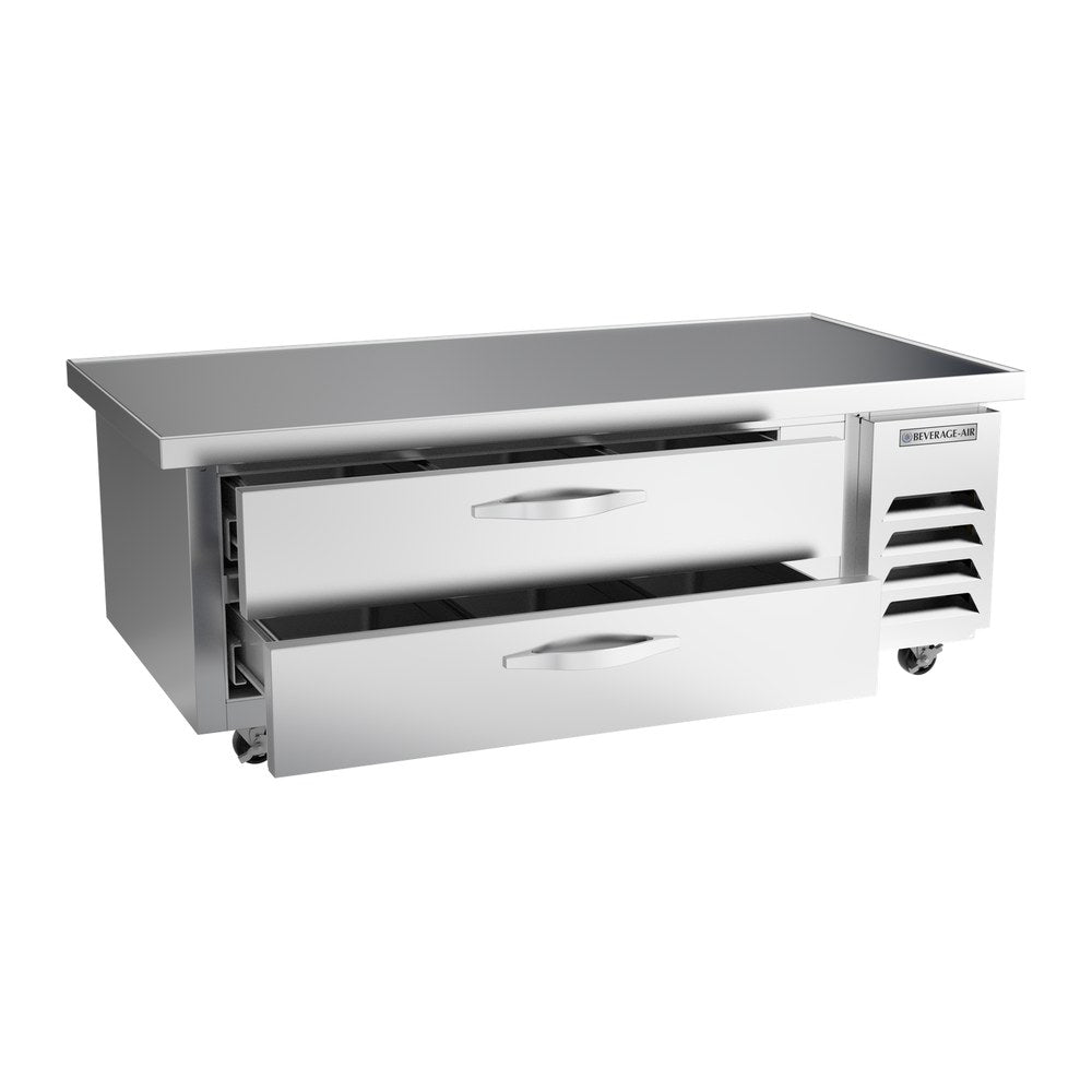 Beverage Air WTFCS60HC-64 64" two drawers chef base freezer, with the door open showing the interior
