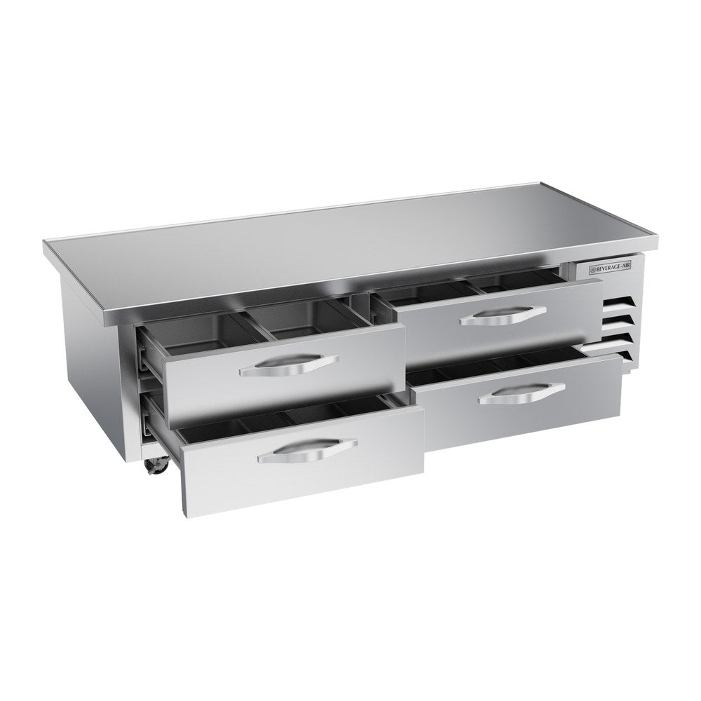 Beverage Air WTFCS72HC-76 76" four drawers chef base freezer, with the door open showing the interior