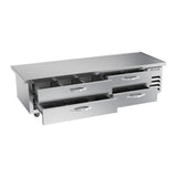 Beverage Air WTFCS84HC-89 89" four drawers chef base freezer, with the door open showing the interior