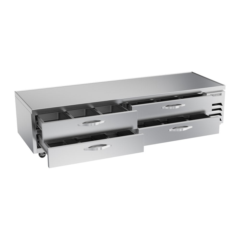 Beverage Air WTFCS96HC 96" four drawers chef base freezer, with the door open showing the interior