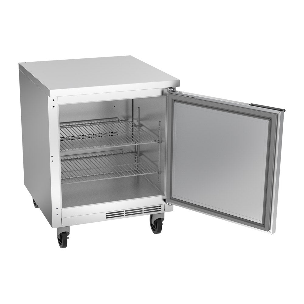 Beverage Air WTR27AHC-FLT 27" one solid door worktop refrigerator, with the door open showing the interior
