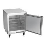 Beverage Air WTR27AHC-FLT 27" one solid door worktop refrigerator, with the door open showing the interior