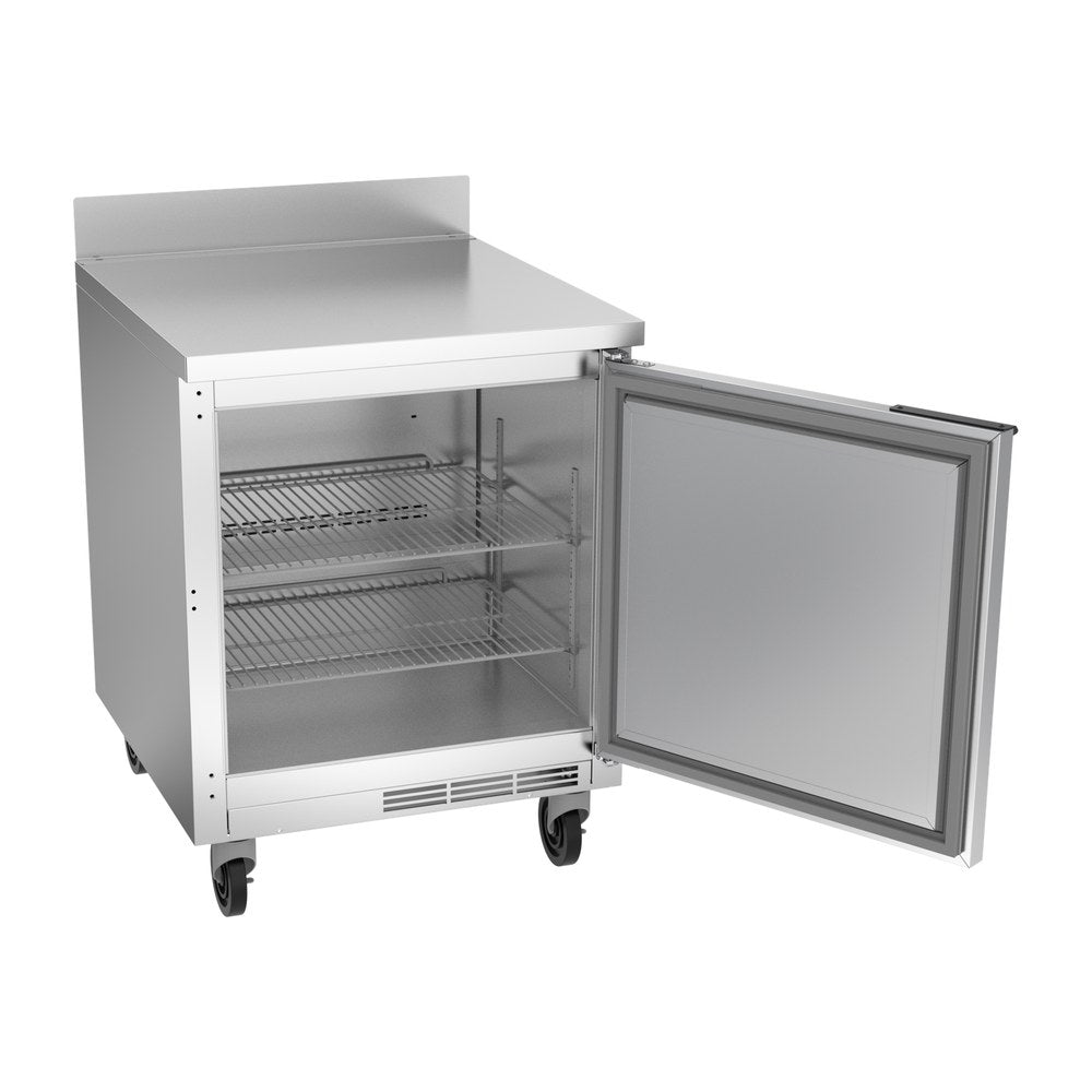 Beverage Air WTR27AHC 27" one solid door worktop refrigerator, with the door open showing the interior