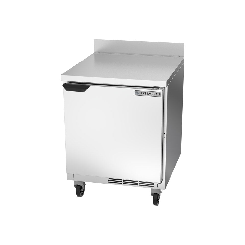 Beverage Air WTR27AHC 27" one solid door worktop refrigerator, side angle view, door closed