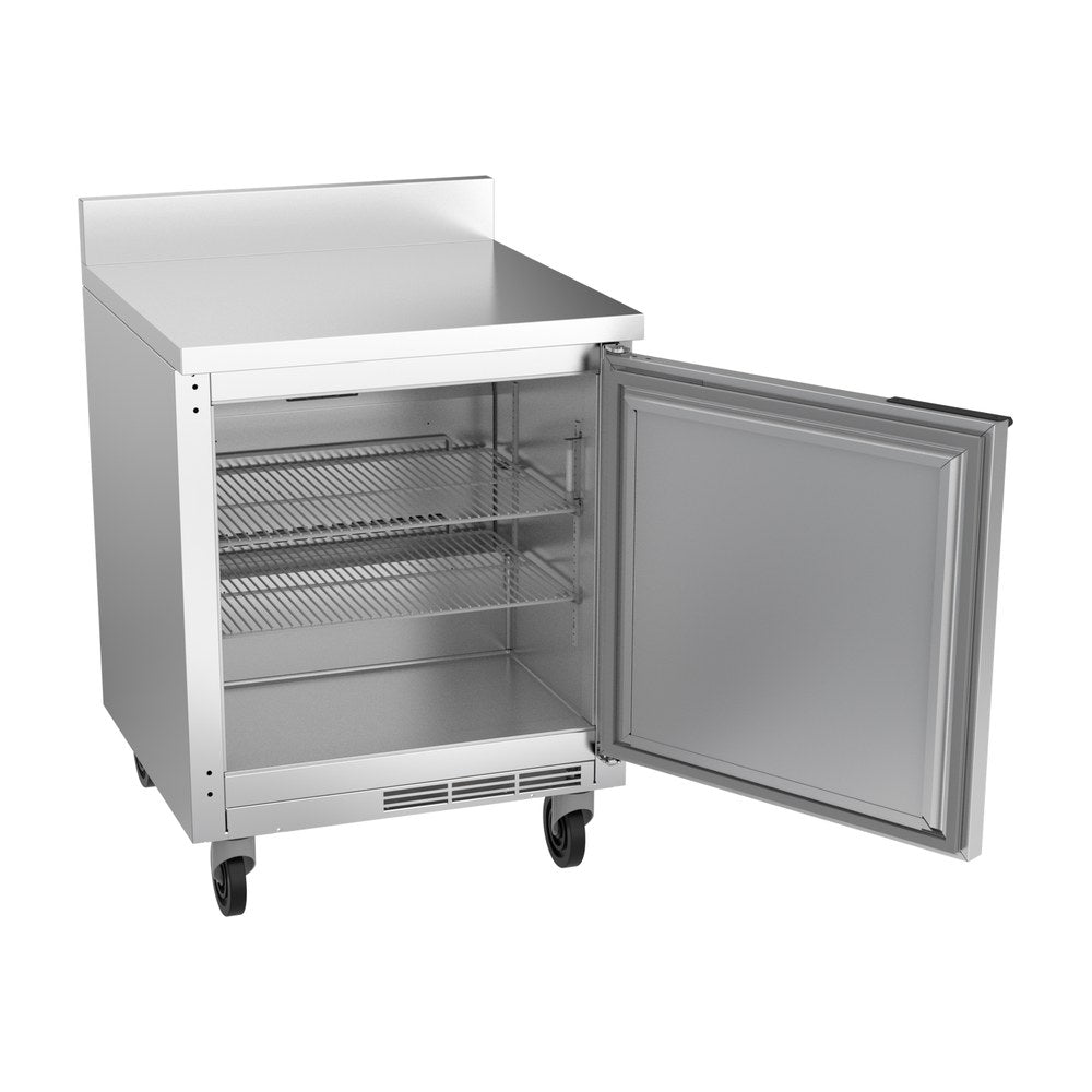 Beverage Air WTR27HC-FIP 27" one solid door worktop refrigerator, with the door open showing the interior