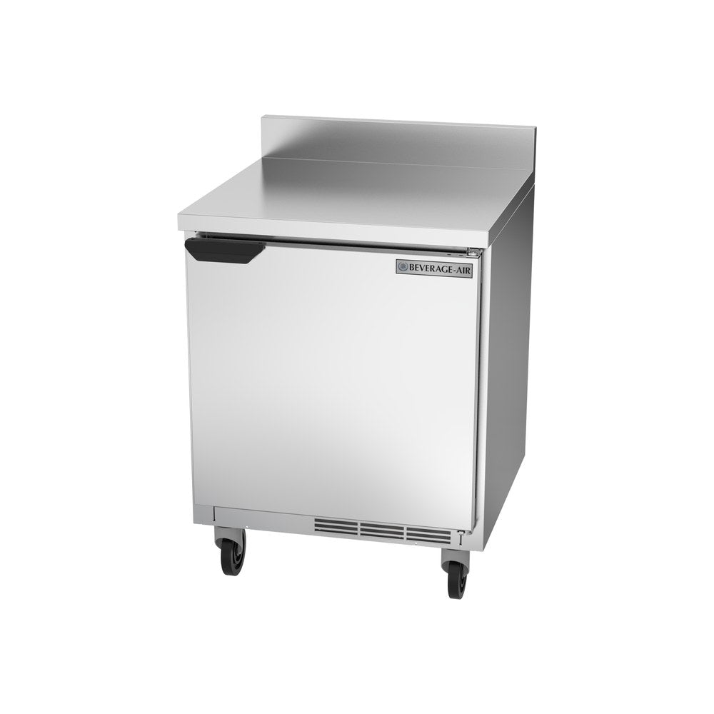 Beverage Air WTR27HC-FIP 27" one solid door worktop refrigerator, side angle view, door closed