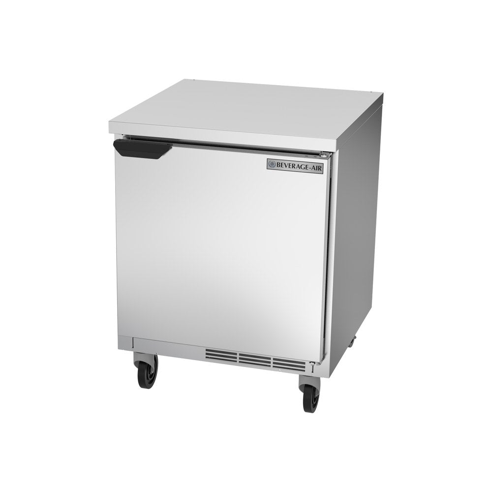 Beverage Air WTR27HC-FLT 27" one solid door worktop refrigerator, side angle view, door closed