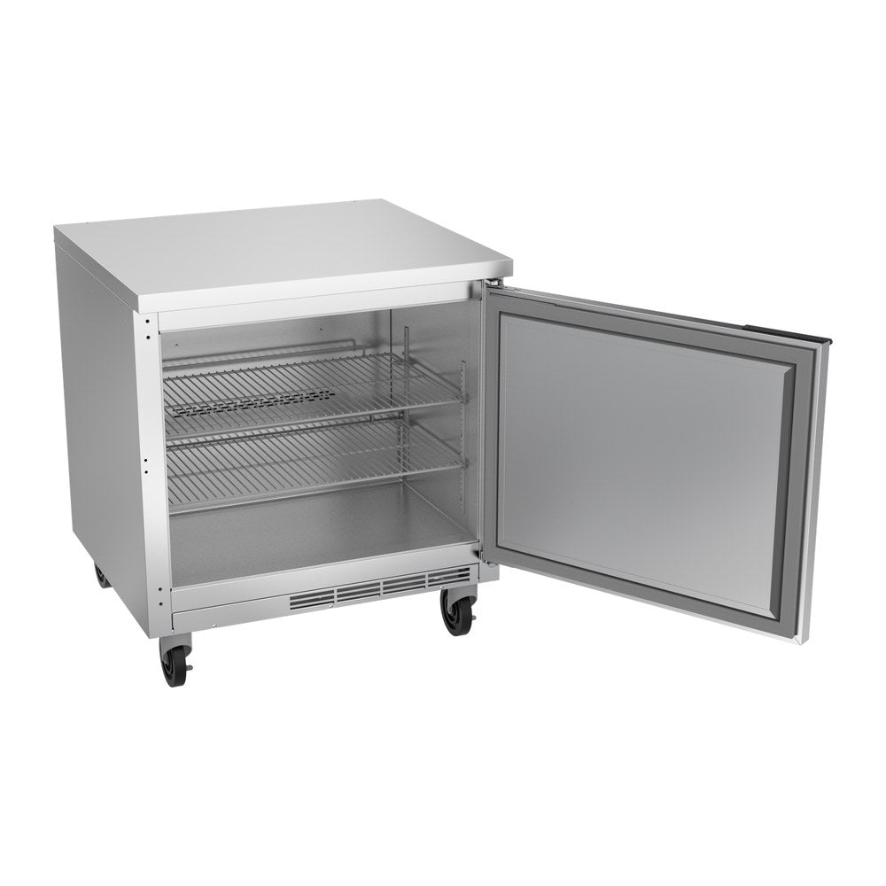 Beverage Air WTR32AHC-FLT 32" one solid door worktop refrigerator, with the door open showing the interior
