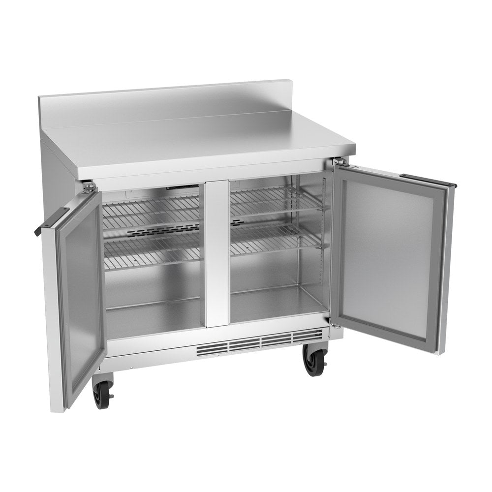 Beverage Air WTR34HC-FIP 34" two solid doors worktop refrigerator, with the doors open showing the interior
