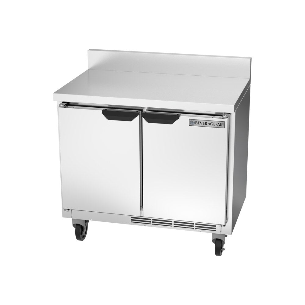 Beverage Air WTR34HC-FIP 34" two solid doors worktop refrigerator, side angle view, doors closed