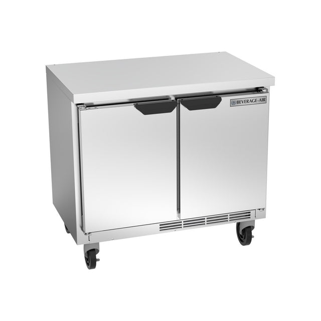 Beverage Air WTR34HC-FLT 34" two solid doors worktop refrigerator, front view, doors closed