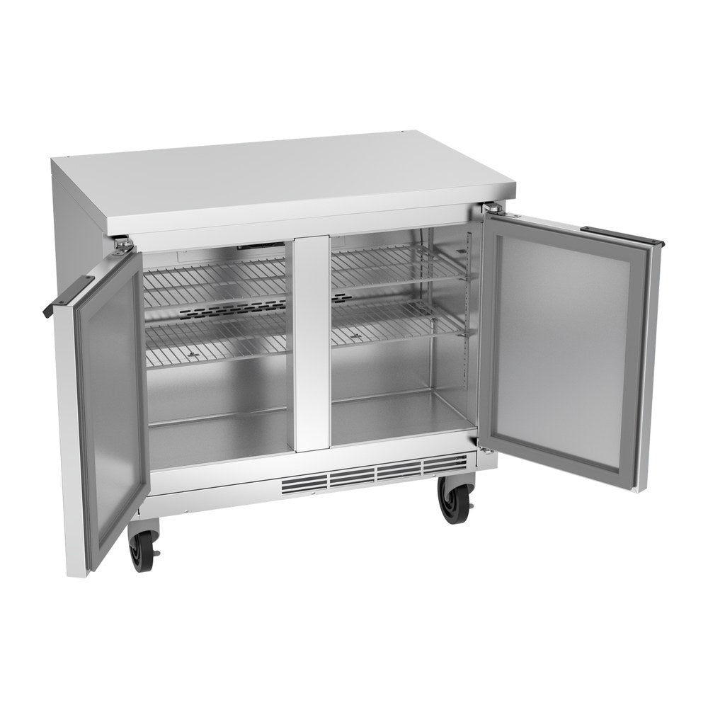 Beverage Air WTR34HC-FLT 34" two solid doors worktop refrigerator, with the doors open showing the interior