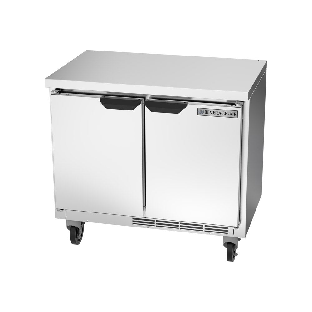 Beverage Air WTR34HC-FLT 34" two solid doors worktop refrigerator, side angle view, doors closed