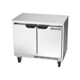Beverage Air WTR34HC-FLT 34" two solid doors worktop refrigerator, side angle view, doors closed