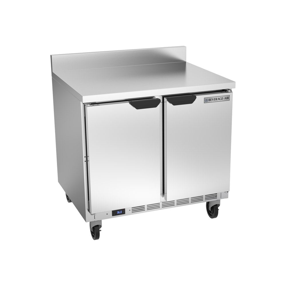 Beverage Air WTR36AHC-FIP 36" two solid doors worktop refrigerator, front view, doors closed