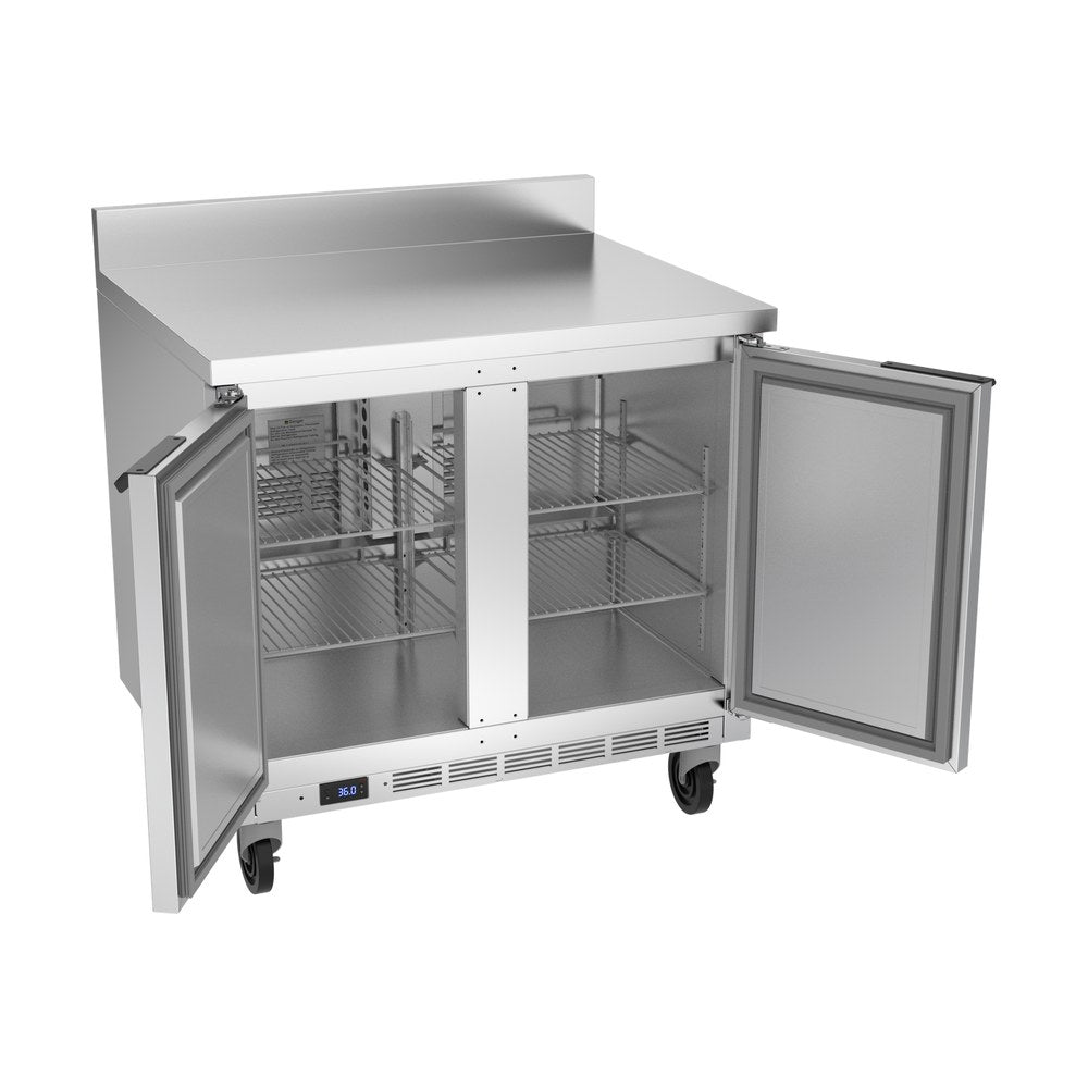 Beverage Air WTR36AHC-FIP 36" two solid doors worktop refrigerator, with the doors open showing the interior