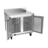 Beverage Air WTR36AHC-FIP 36" two solid doors worktop refrigerator, with the doors open showing the interior