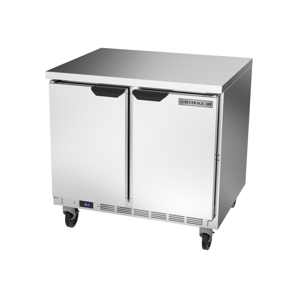 Beverage Air WTR36AHC-FLT 36" two solid doors worktop refrigerator, side angle view, doors closed