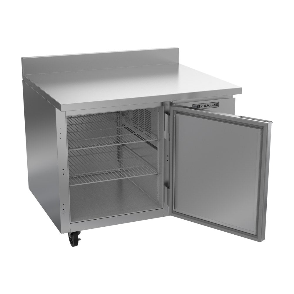 Beverage Air WTR41AHC 41" one solid door worktop refrigerator, with the door open showing the interior