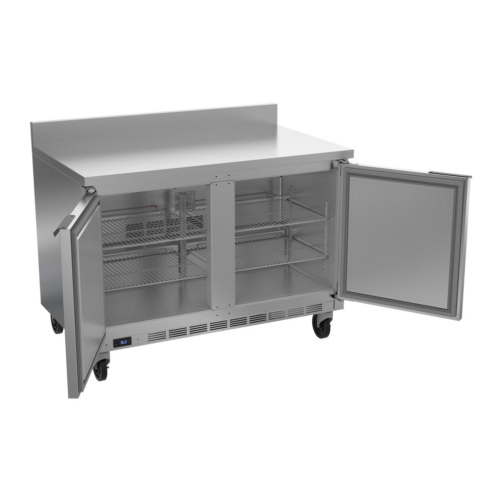 Beverage Air WTR48AHC-FIP 48" two solid doors worktop refrigerator, with the doors open showing the interior