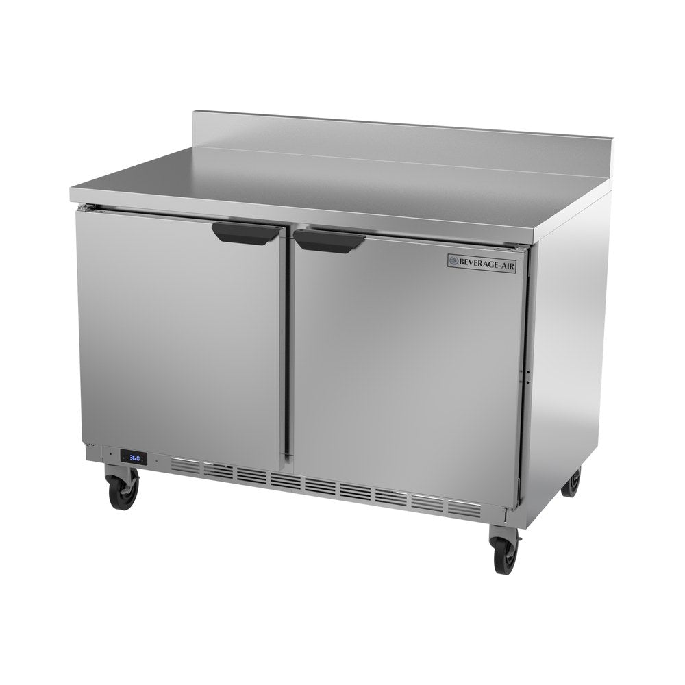 Beverage Air WTR48AHC-FIP 48" two solid doors worktop refrigerator, side angle view, doors closed