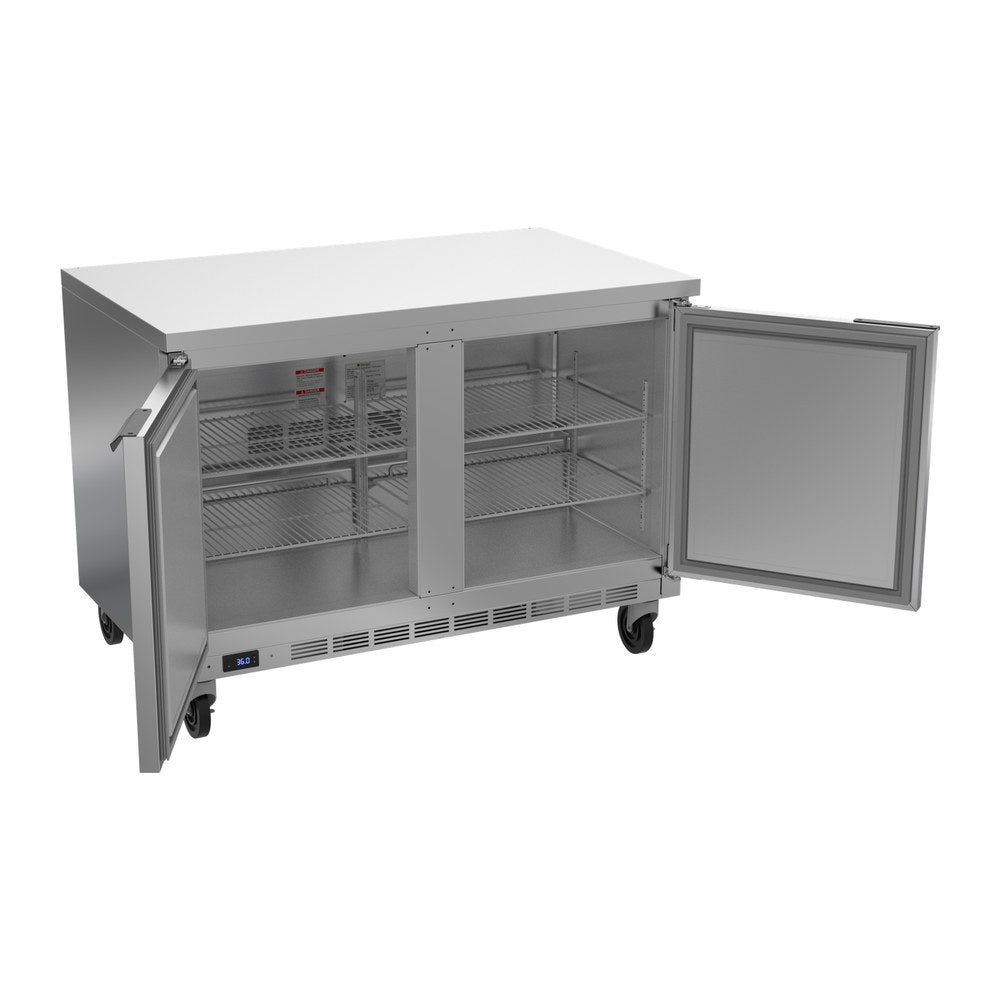 Beverage Air WTR48AHC-FLT 48" two solid doors worktop refrigerator, with the doors open showing the interior