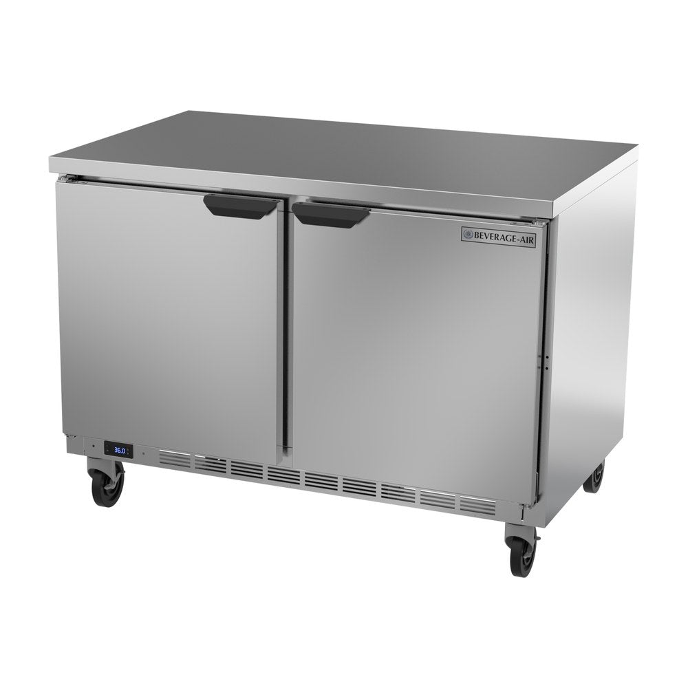 Beverage Air WTR48AHC-FLT 48" two solid doors worktop refrigerator, side angle view, doors closed