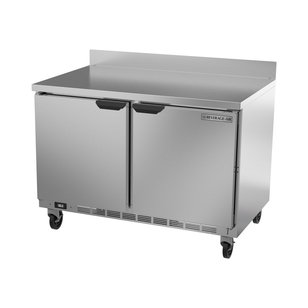Beverage Air WTR48AHC 48" two solid doors worktop refrigerator, side angle view, doors closed