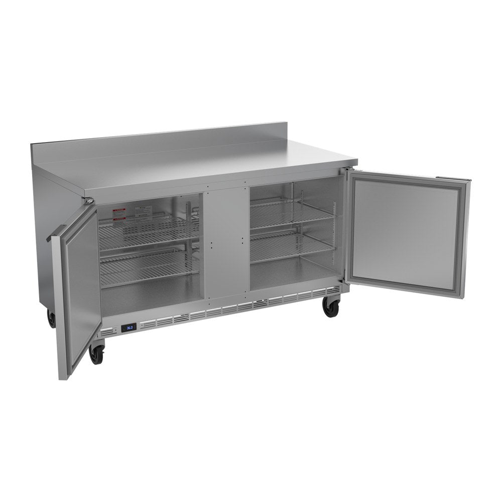 Beverage Air WTR60AHC-FIP 60" two solid doors worktop refrigerator, with the doors open showing the interior