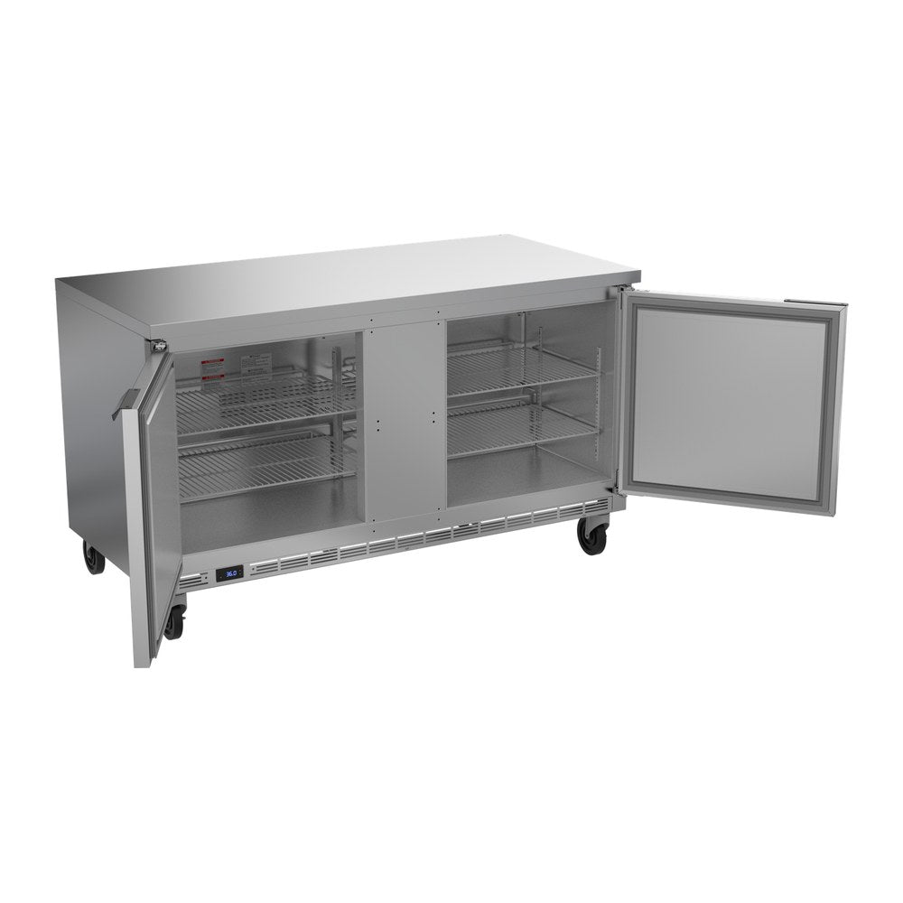 Beverage Air WTR60AHC-FLT 60" two solid doors worktop refrigerator, with the doors open showing the interior