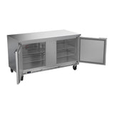Beverage Air WTR60AHC-FLT 60" two solid doors worktop refrigerator, with the doors open showing the interior