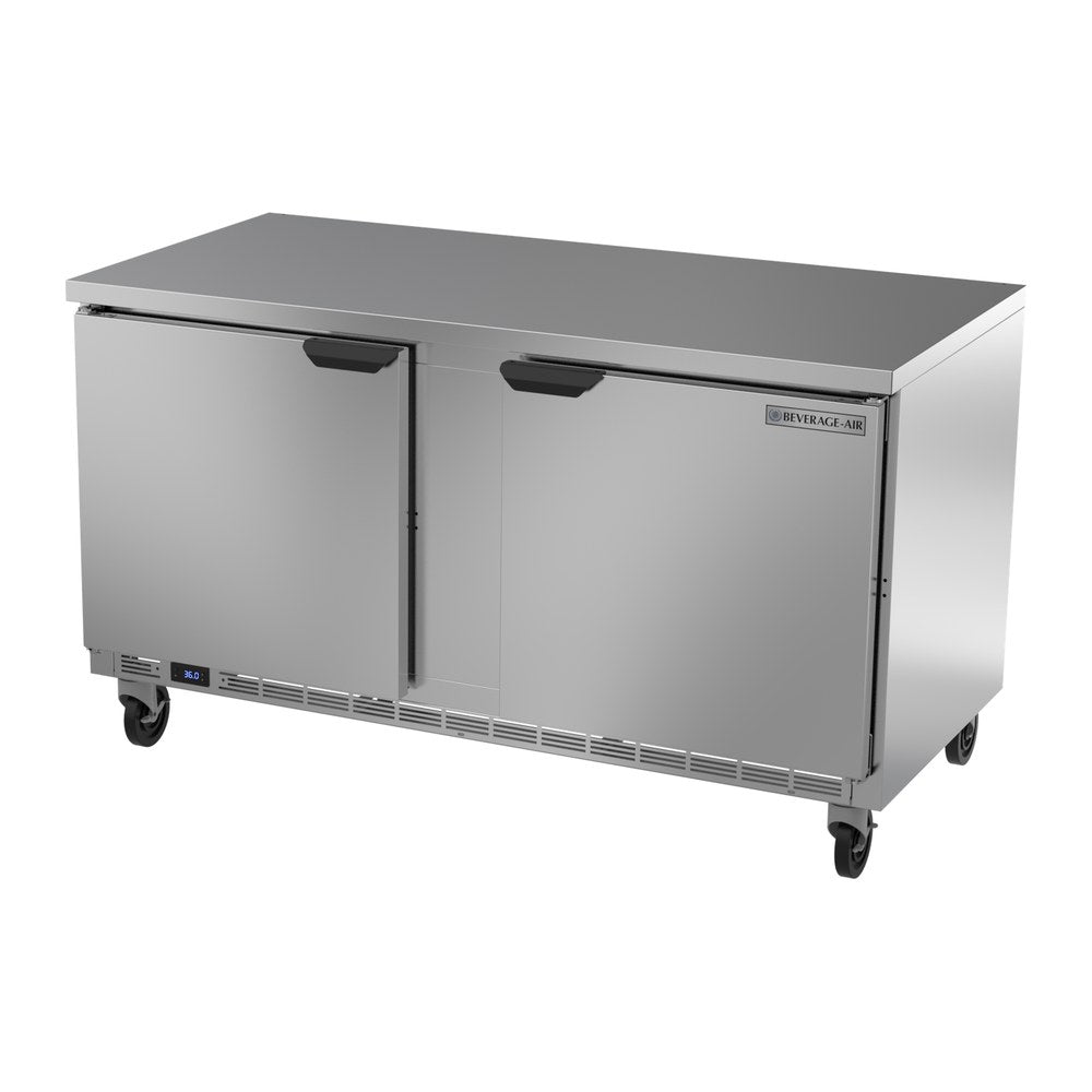 Beverage Air WTR60AHC-FLT 60" two solid doors worktop refrigerator, side angle view, doors closed