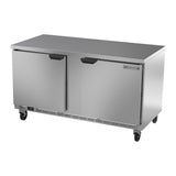 Beverage Air WTR60AHC-FLT 60" two solid doors worktop refrigerator, side angle view, doors closed