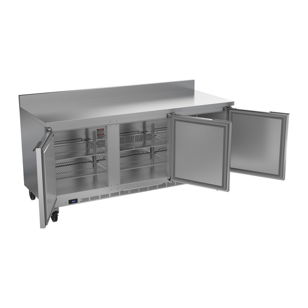 Beverage Air WTR72AHC-FIP 72" three solid doors worktop refrigerator, with the doors open showing the interior