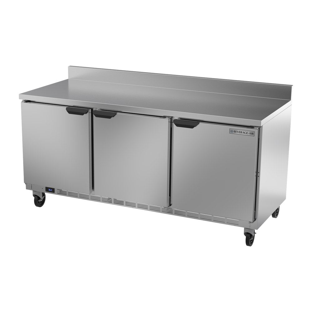 Beverage Air WTR72AHC-FIP 72" three solid doors worktop refrigerator, side angle view, doors closed