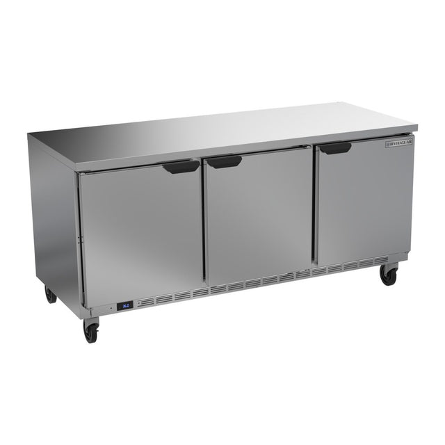 Beverage Air WTR72AHC-FLT 72" three solid doors worktop refrigerator, front view, doors closed