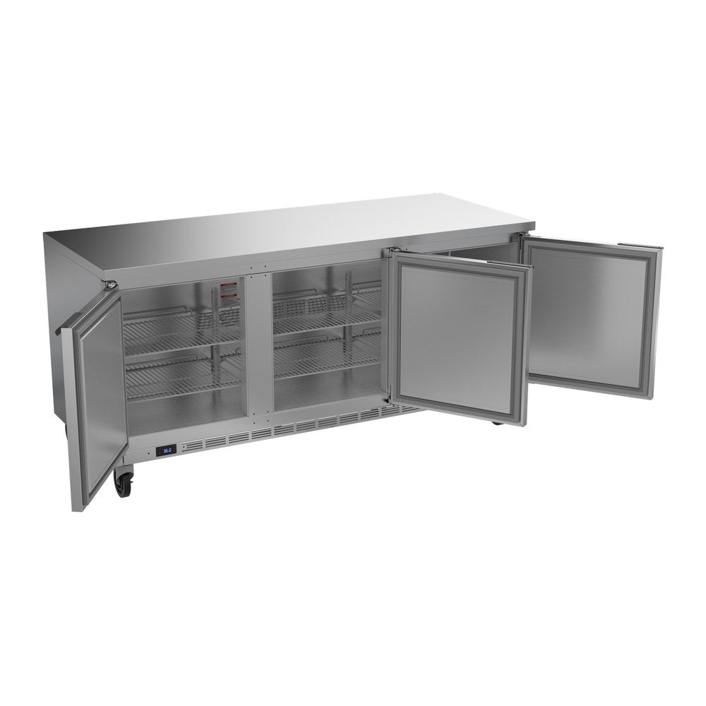 Beverage Air WTR72AHC-FLT 72" three solid doors worktop refrigerator, with the doors open showing the interior