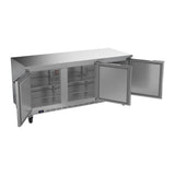 Beverage Air WTR72AHC-FLT 72" three solid doors worktop refrigerator, with the doors open showing the interior