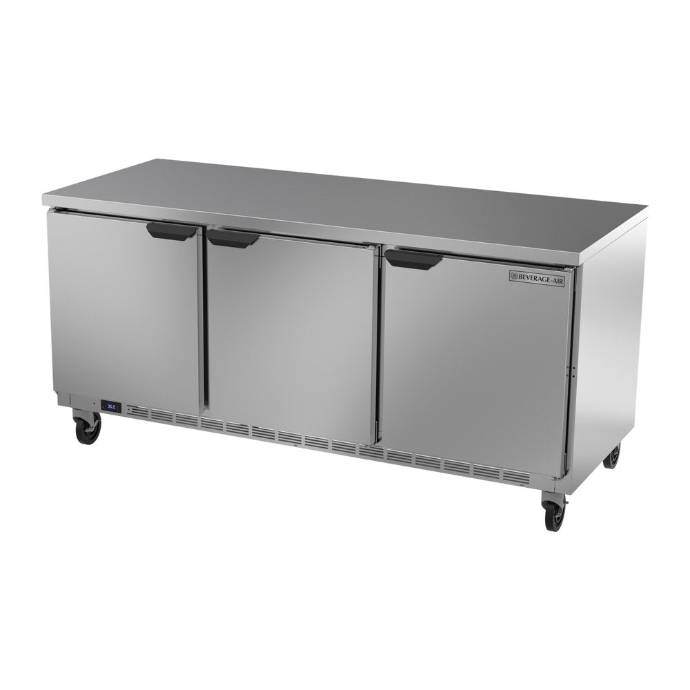 Beverage Air WTR72AHC-FLT 72" three solid doors worktop refrigerator, side angle view, doors closed