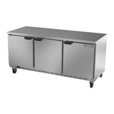 Beverage Air WTR72AHC-FLT 72" three solid doors worktop refrigerator, side angle view, doors closed