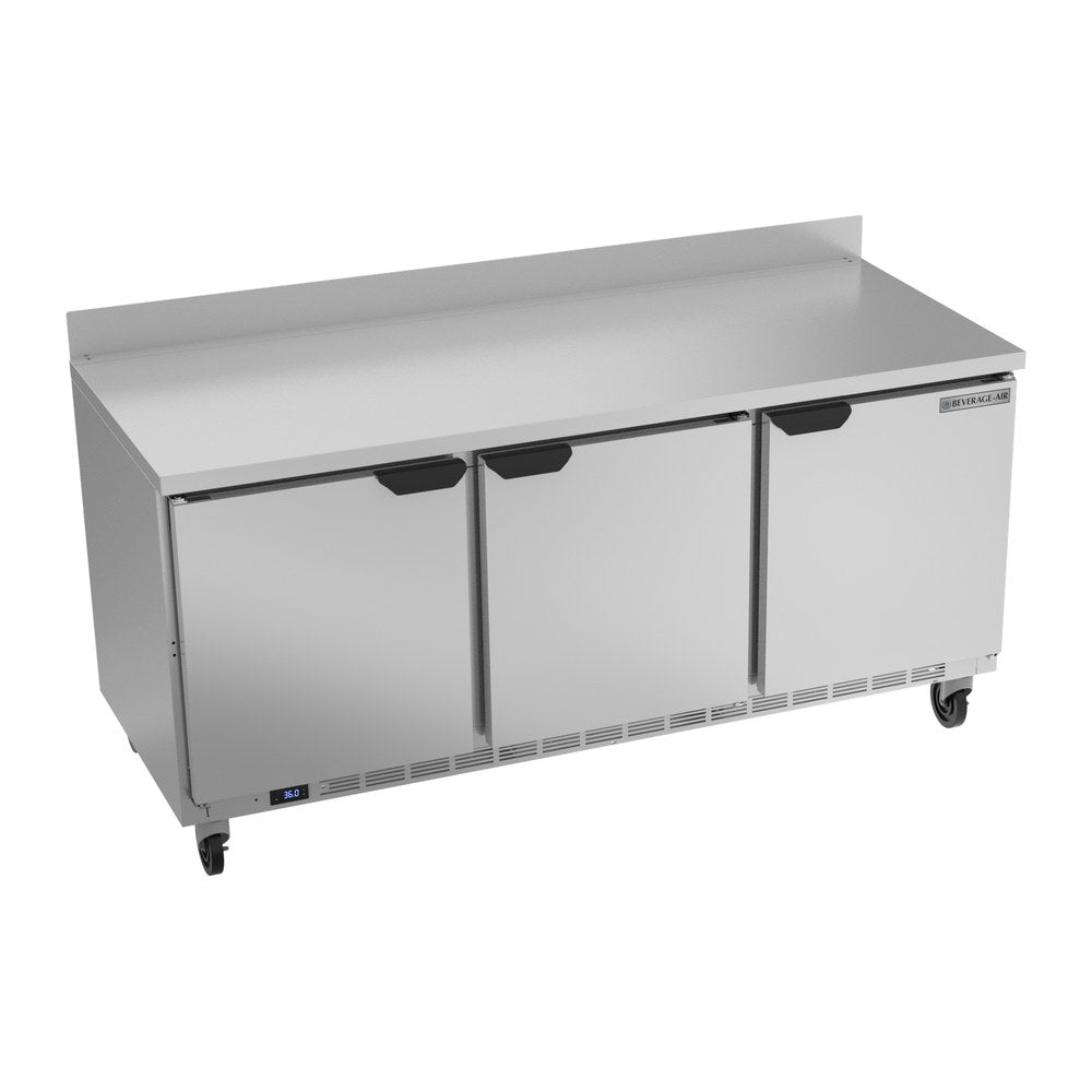 Beverage Air WTR72AHC 72" three solid doors worktop refrigerator, front view, doors closed