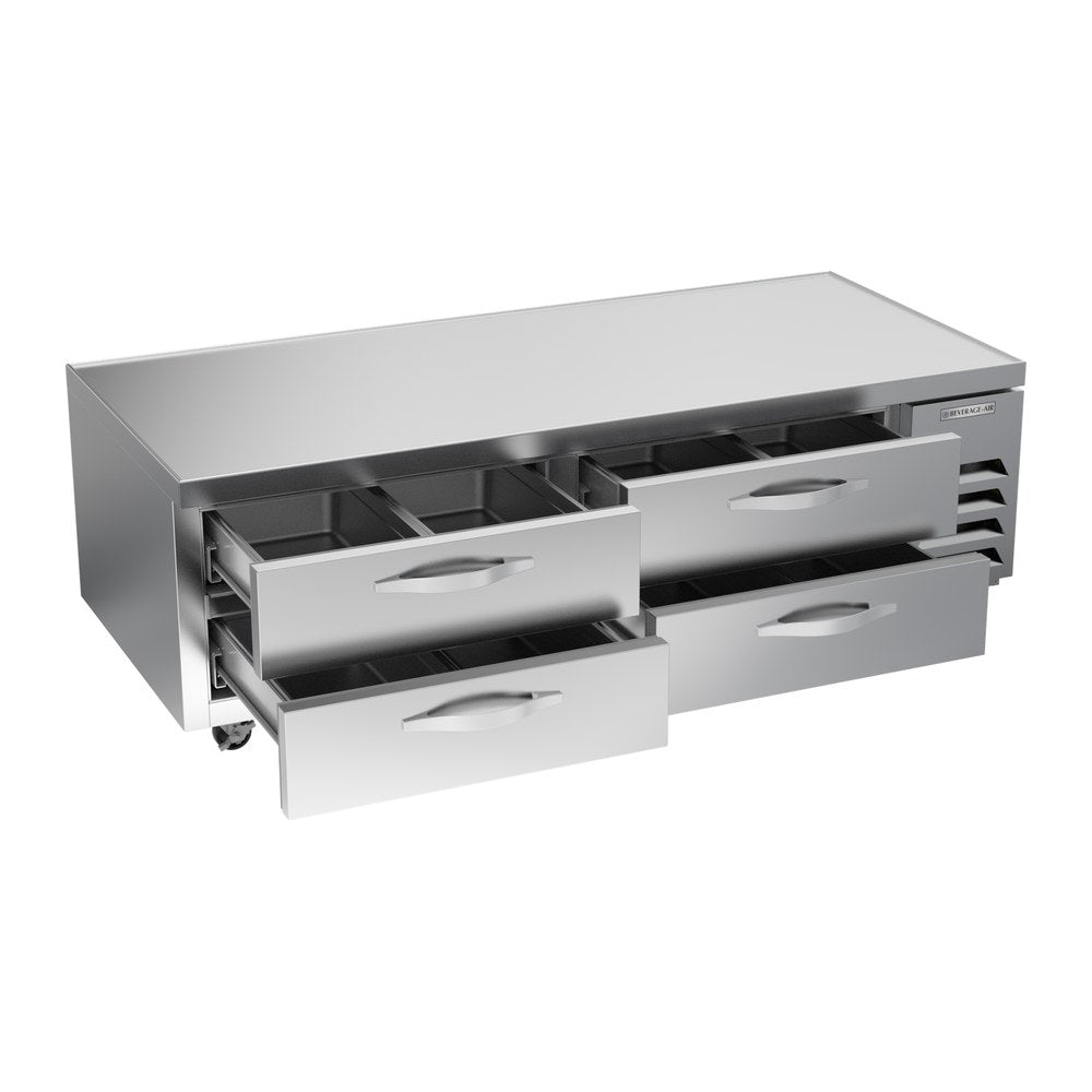 Beverage Air WTRCS72HC 72" four drawers chef base refrigerator, with the door open showing the interior