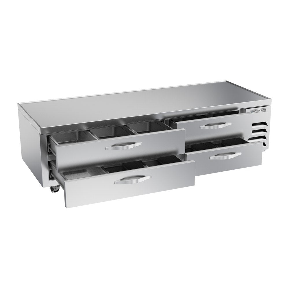Beverage Air WTRCS84HC 84" four drawers chef base refrigerator, with the door open showing the interior